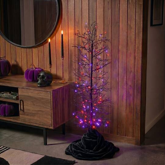 4ft. Pre-Lit Artificial Halloween Spider Twig Tree with 100 Orange & Purple LED Lights